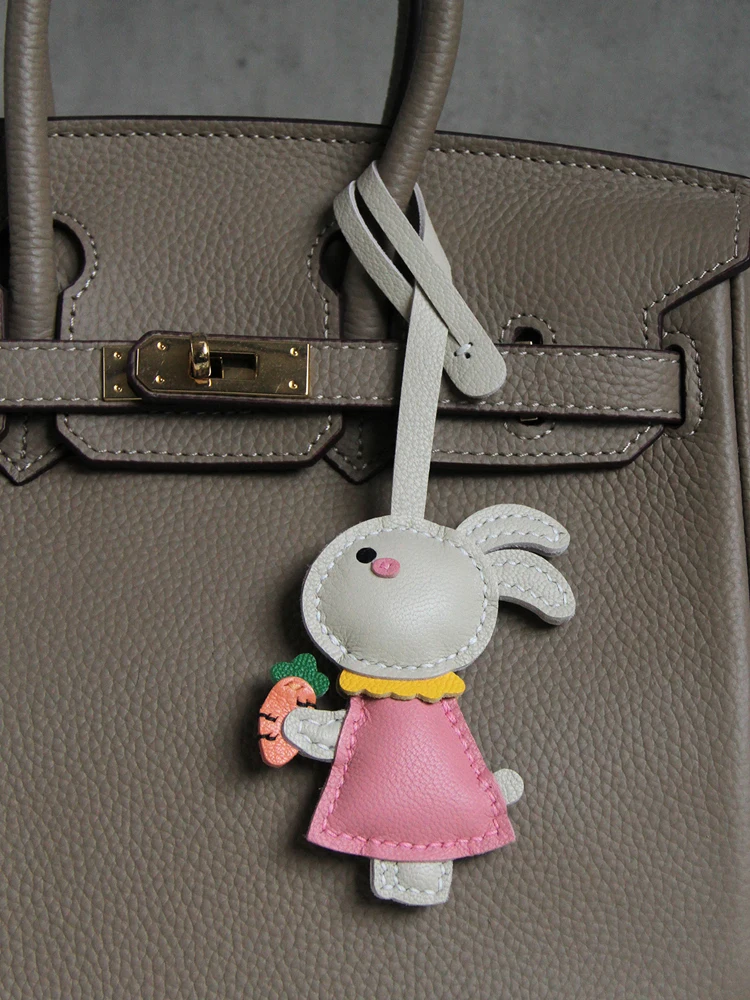 Carrot Little Bunny Style Cute Bag Charm Handmade Genuine Leather Exquisite Bag Accessory Keychain Doll Cute Gift