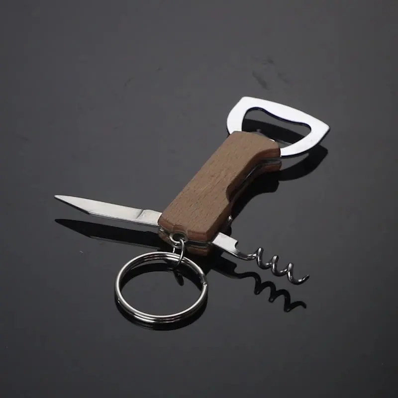 Creative Keychain Beer Bottle Opener Stainless Steel Multifunctional Wooden Handle Corkscrew Wine Opener Bar Party Accessories