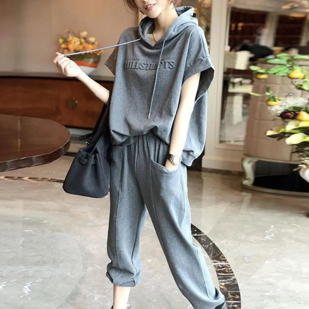 

2 Pcs/Set Women Hoodie Pants Set Solid Color Short Sleeve Lady Drawstring Tracksuit Loose Ankle-banded Casual Top Trousers Set