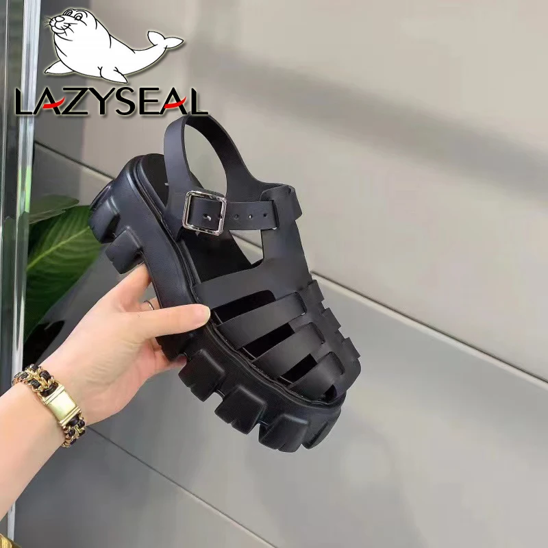 LazySeal Wedge Summer Sandals Hollow Upper Solid Color Buckle Close Women Chunky Heel Sandals Gladiator Woman Shoe Plus Size 42