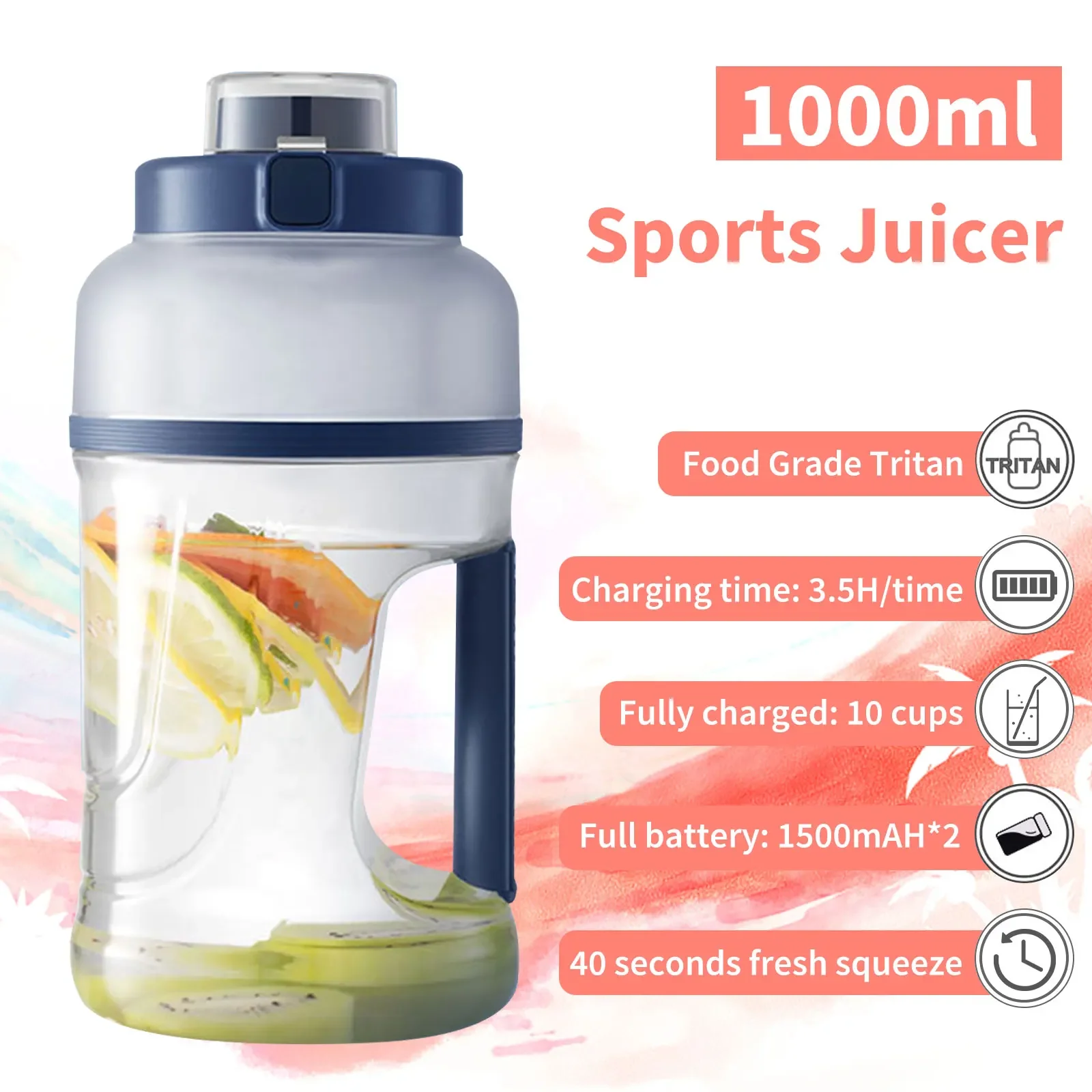 1000ML Portable Juicer Cup 2 in 1 Water and Juicer Shaker Bottle Personal Sports Health Electric Juice Blender