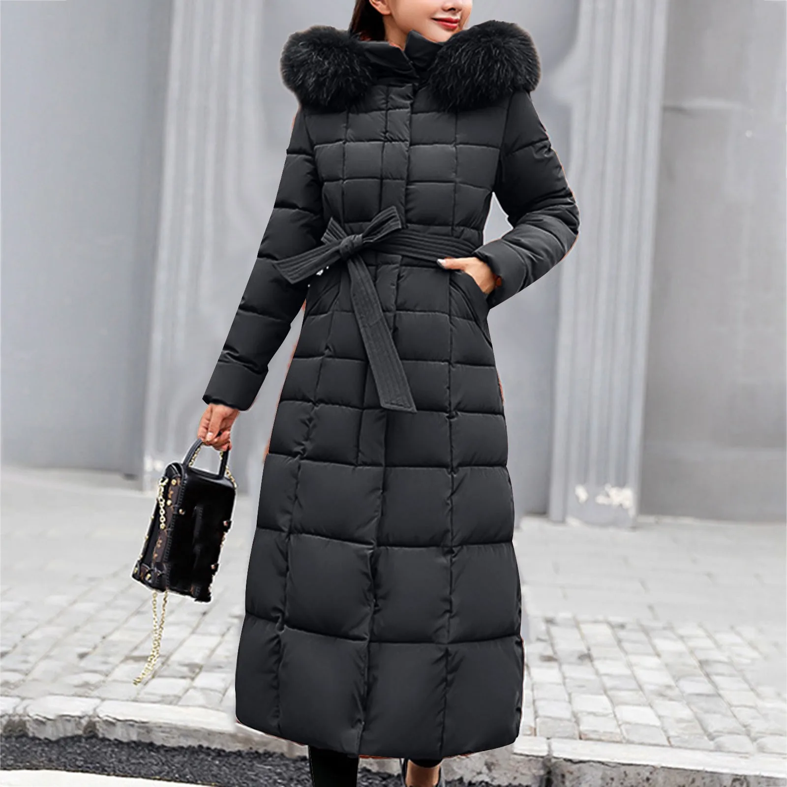 Solid Color Lace Up Slim Long Down Jacket Pocket Long Sleeve Faux Fur Hood Parka Casual Thick Winter Warm Down Coat Ladies