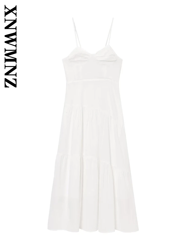 

XNWMNZ 2025 Woman Fashion Vintage Sleeveless Backless long Pleated dress Elegant Sexy Lady thin shoulder strap Shoulder Dresses