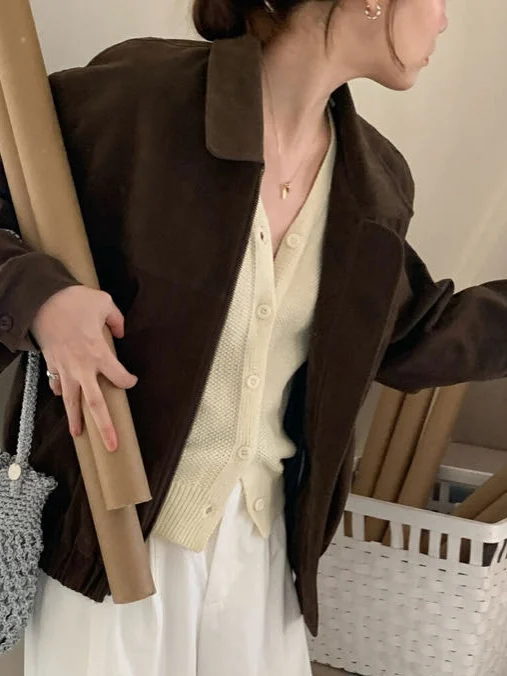 Retro Skórzana Kurtka Damska z Aksamitu, Zapinana na Zamek, Długi Top, Odzież Wierzchnia, Koreański Styl, Luźny Krój, Jesień, Nowość