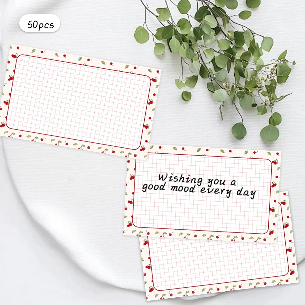 50pcs Cherry Border Grid Background Blank Greeting Cards, Wedding Birthday Party Thank You Cards, Pocket Cards Business Supplies