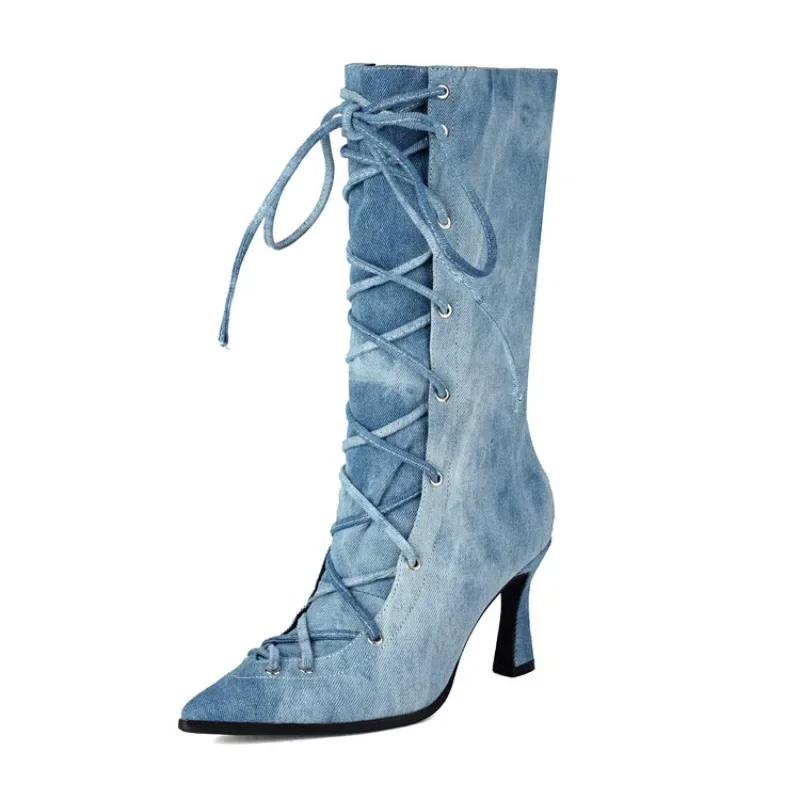 New Blue Denim Cross Strap Mid-calf Boots Autumn Winter Fashion Black 8cm High Heel Plush Warm Women's Long Boots Size 34-48 view 3