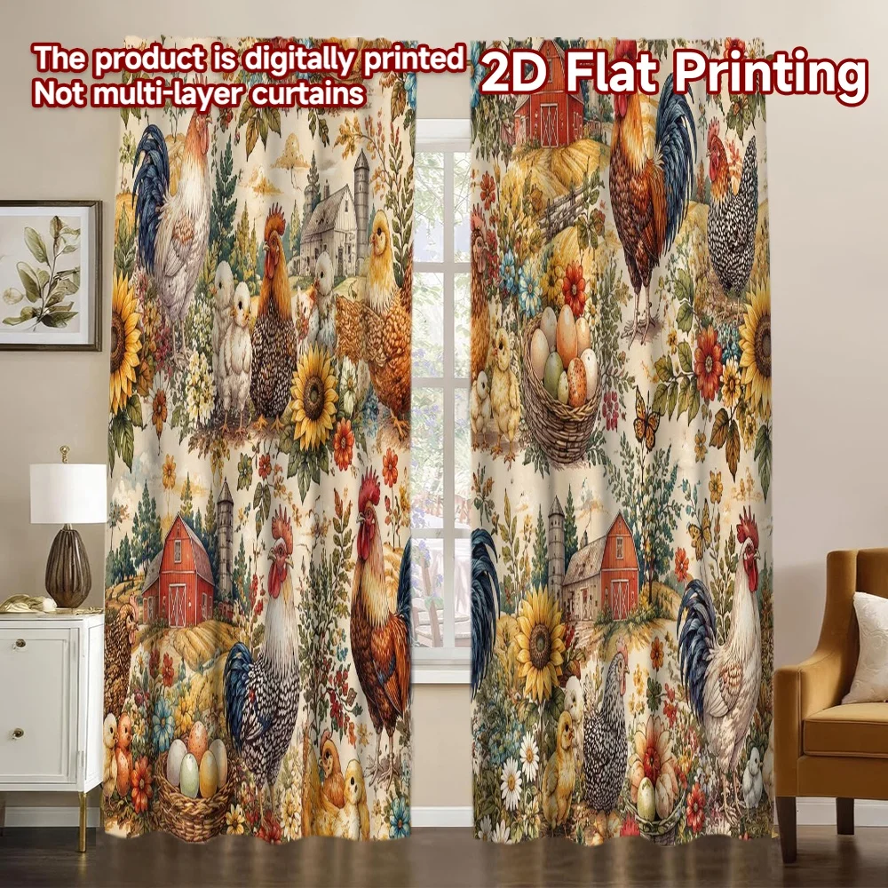 2D FLAT PRINTING 2pcs Curtains (Without Rod) Farm Roosters and Flowers Chic Chic Curtain Versatile Polyester Fabric Curtains