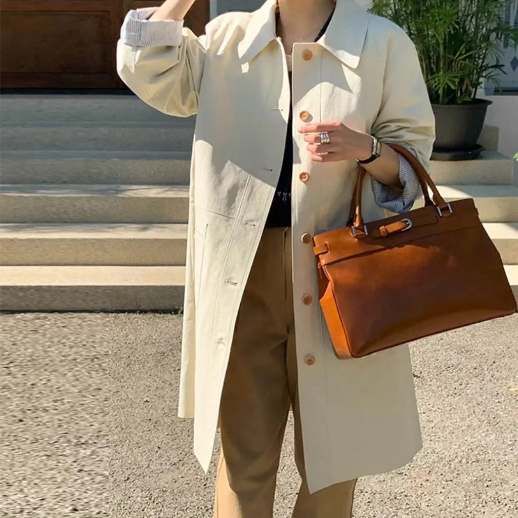 

Spring New Korean Dongdaemun Slowb Casual Lapel Mid-Length Windbreaker Jacket for Women Ready Stock