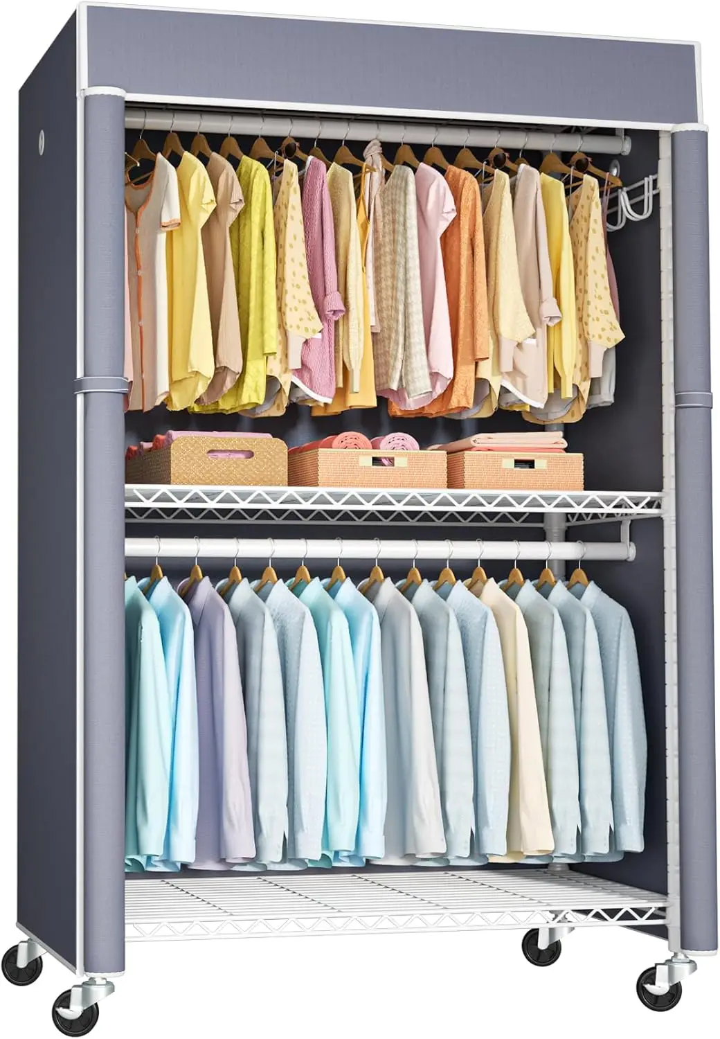 

White Clothing Ra With Grey Cover, P1C Plus Rolling Closet Ra With Wheels, Metal Garment Ra For Hanging Clothes, Clothing
