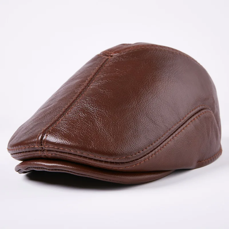 Men's Autumn Winter Genuine Leather Beret High-Quality Top-Grain Cowhide Warm Stylish Headwear for Middle-Aged Elderly Gentlemen