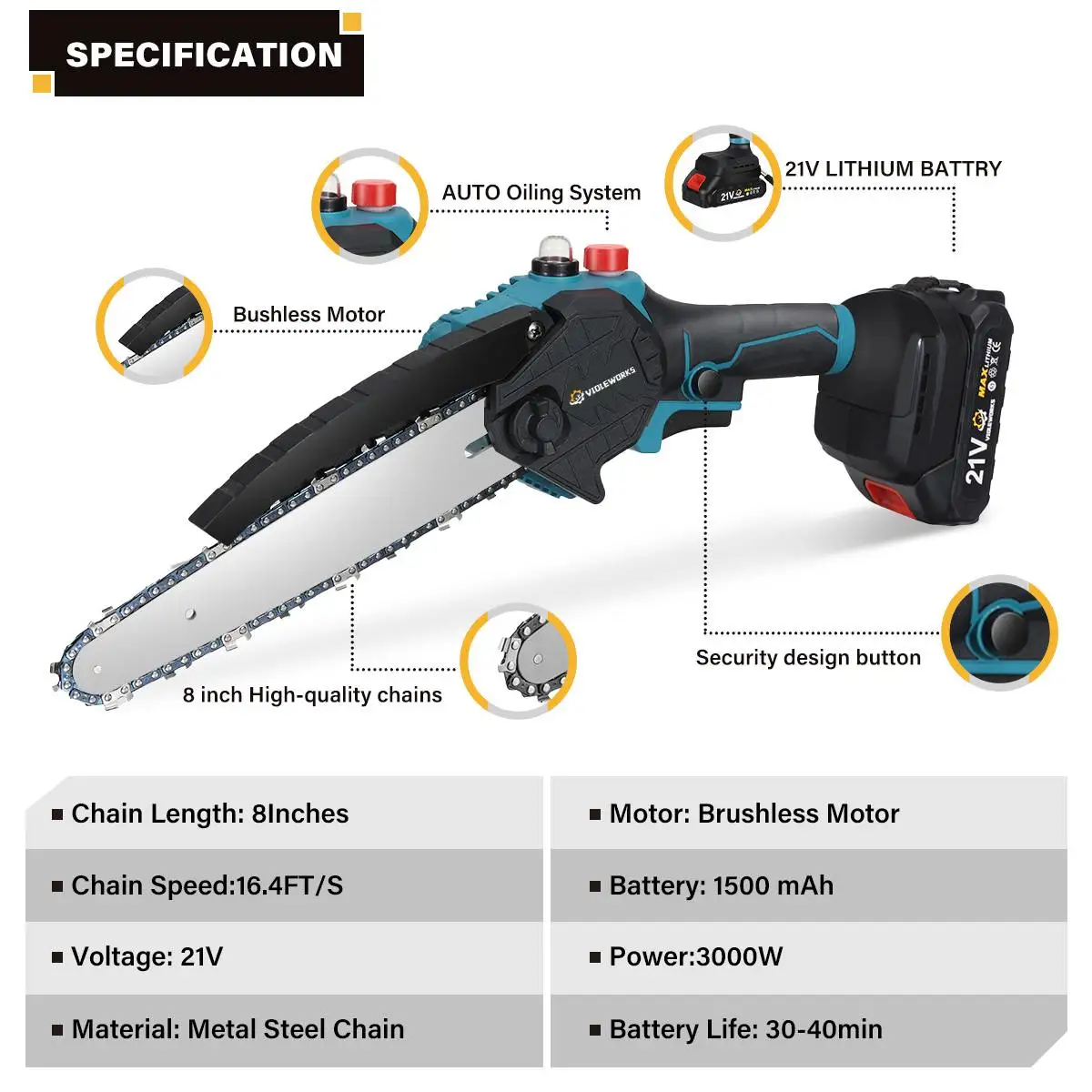 8Inch Electric Chainsaw Brushless Cordless Rechargeable Battery Woodworking Garden Pruning Saw Power Tool for 18V Battery