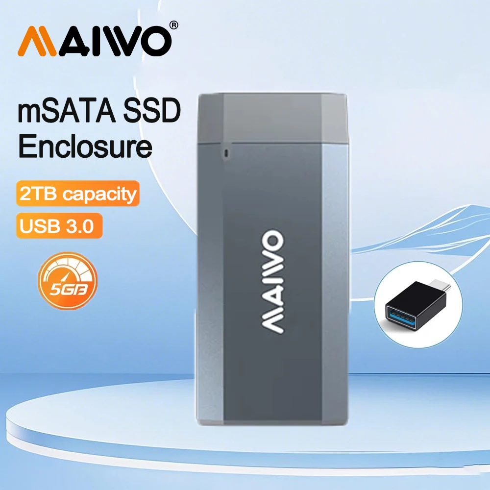 

MAIWO mSATA SSD Enclosure 5Gbps External SSD Adapter USB 3.0 Up for 3050 mSATA SSD to 2TB Capacity Portable Aluminium Enclosure