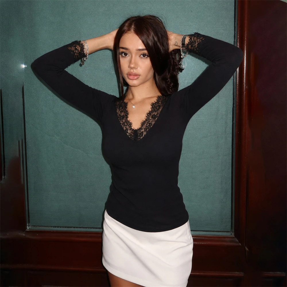 Frauen V-ausschnitt Spitze Spleißen Top Europäischen Amerikanischen Stil Frühjahr Neue Lange Hülse Dünne Tops Casual Wear T-shirts Tops T