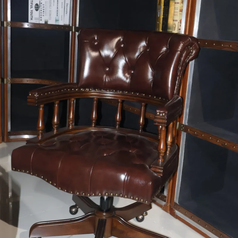 Full button brown leather captain's bench, wooden legs, swivel home office chair, accent armchair