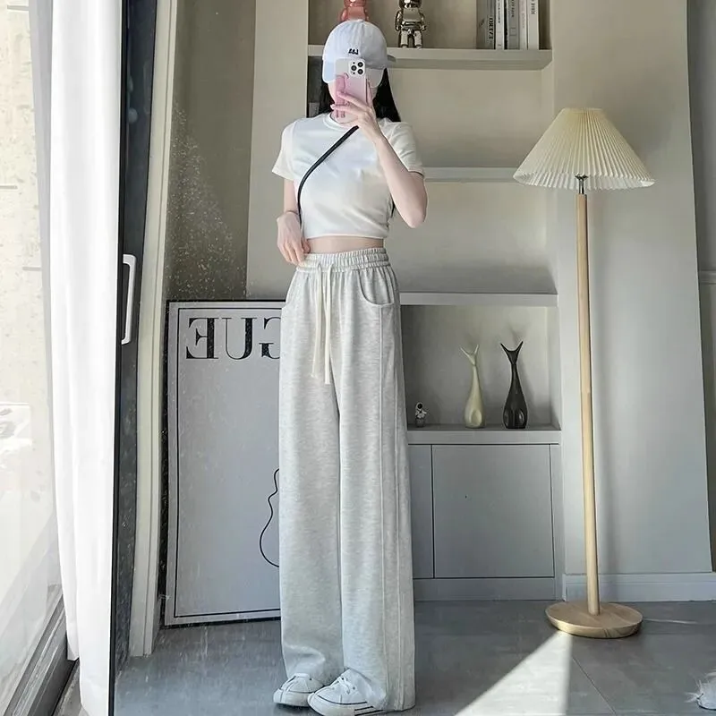 Slim Wide Leg Pants Women's High Waist Drapey Thin Loose Fitting Casual Straight Banana Sports Trousers for Shorter People