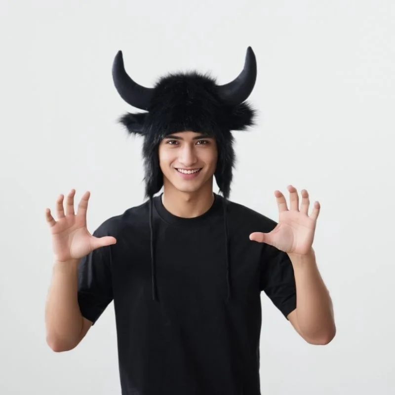 Thermal Hat Fluffy Faux Fur Winter Hat with Cow Horn Decor Thunderbolt Design Unisex Windproof Cap Thick Funny Hat