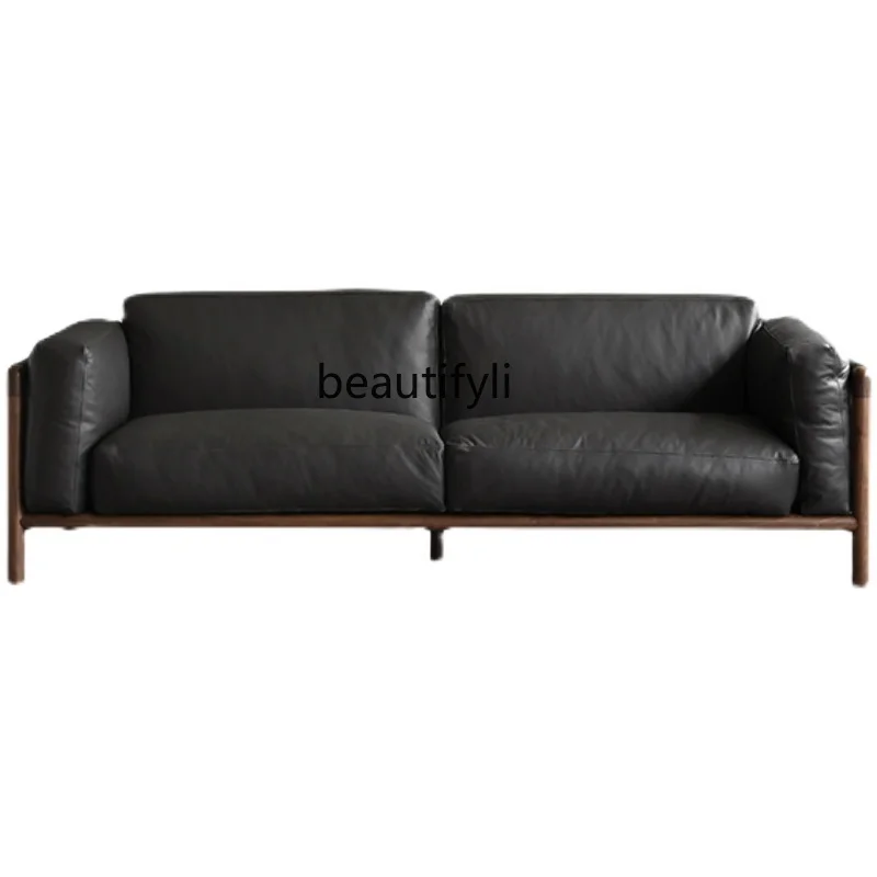 

Nordic Solid Wood Sofa Black Walnut Genuine Cow Leather Sofa Combination Living Room Home Light Luxury Black Leather Sofa