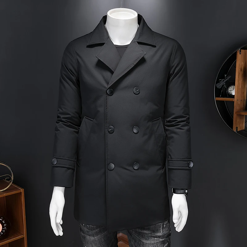

Men's Mid-Length down Jacket Thickened Korean Style Business Casual Outerwear with Double-Layer Collar White Duck down Filling