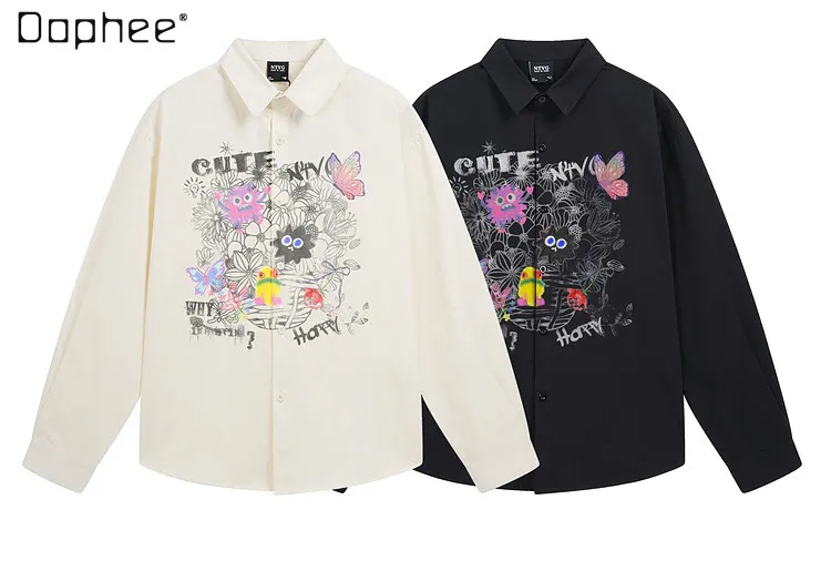 

Men Vintage Graffiti Cartoon Letter Butterfly Floral Print Lapel Long Sleeve Apricot Shirt Loose Black Casual Streetwear Blouse
