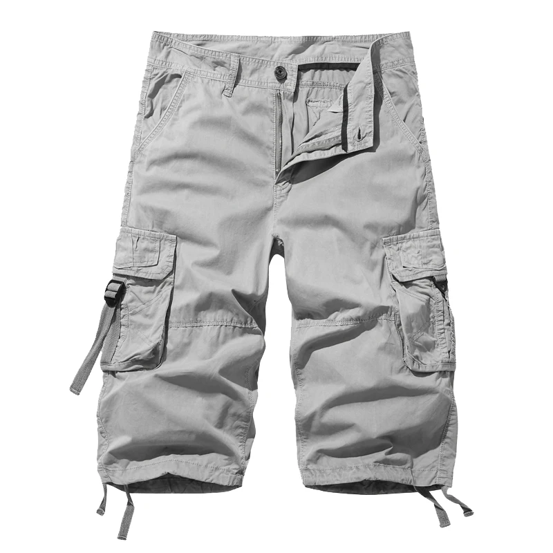 New Loose Large Size Cargo Shorts Cotton Men\'s Tactical Casual Shorts Solid Color Patchwork Military Shorts White Knee Length