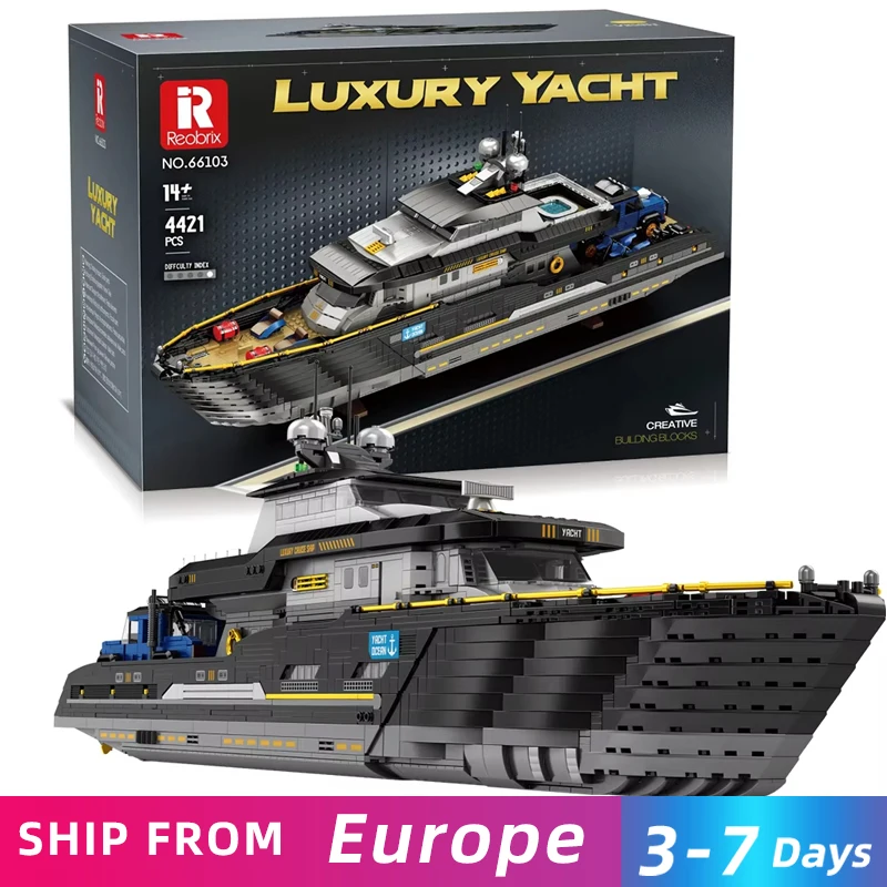 4421-teiliger Luxusyacht-Bausatz Motorboot Auto Kreuzfahrtschiff mit Präsentationsständer Desktop-Ornamente Pädagogisches DIY-Spielzeug Geschenke für Kinder