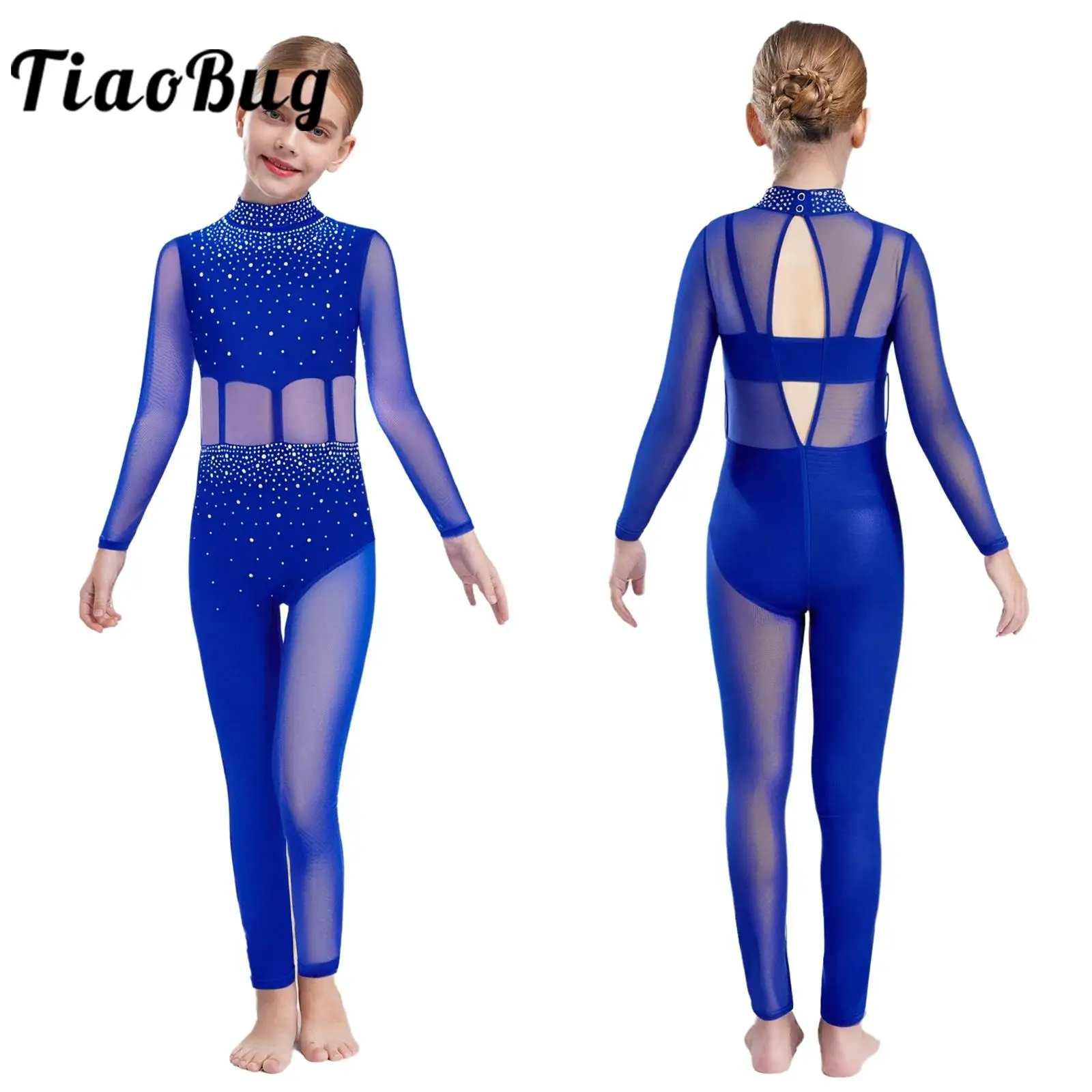 

Kids Girls Long Sleeve Figure Skating Full Bodysuit Jumpsuit Ballet Dance Rhythmic Gymnastics Leotard Mesh Rhinestones Unitard