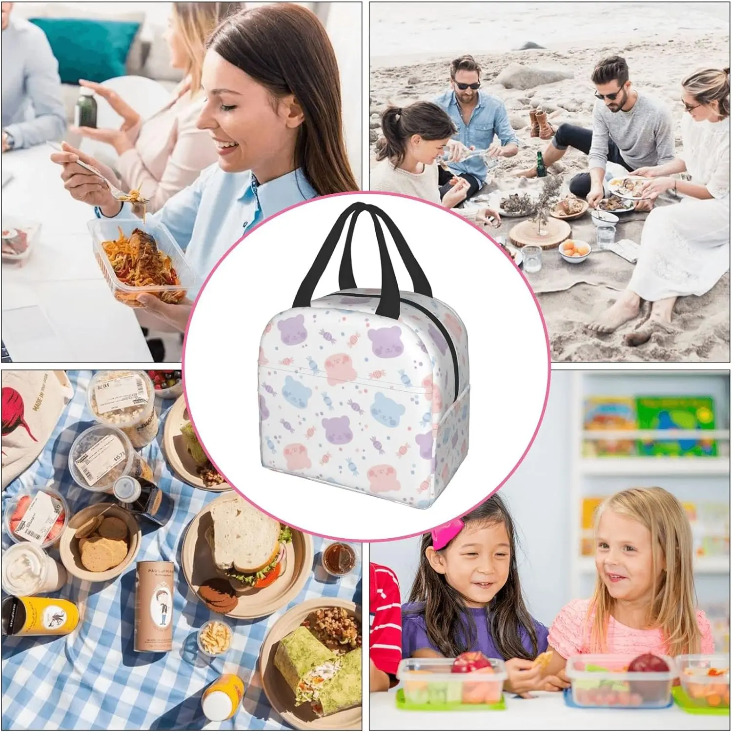 Bolsa de almuerzo de osos y puntos de colores, caja de viaje, enfriador Bento de trabajo, Tote reutilizable, cajas de Picnic, contenedor aislado, bolsas de compras para