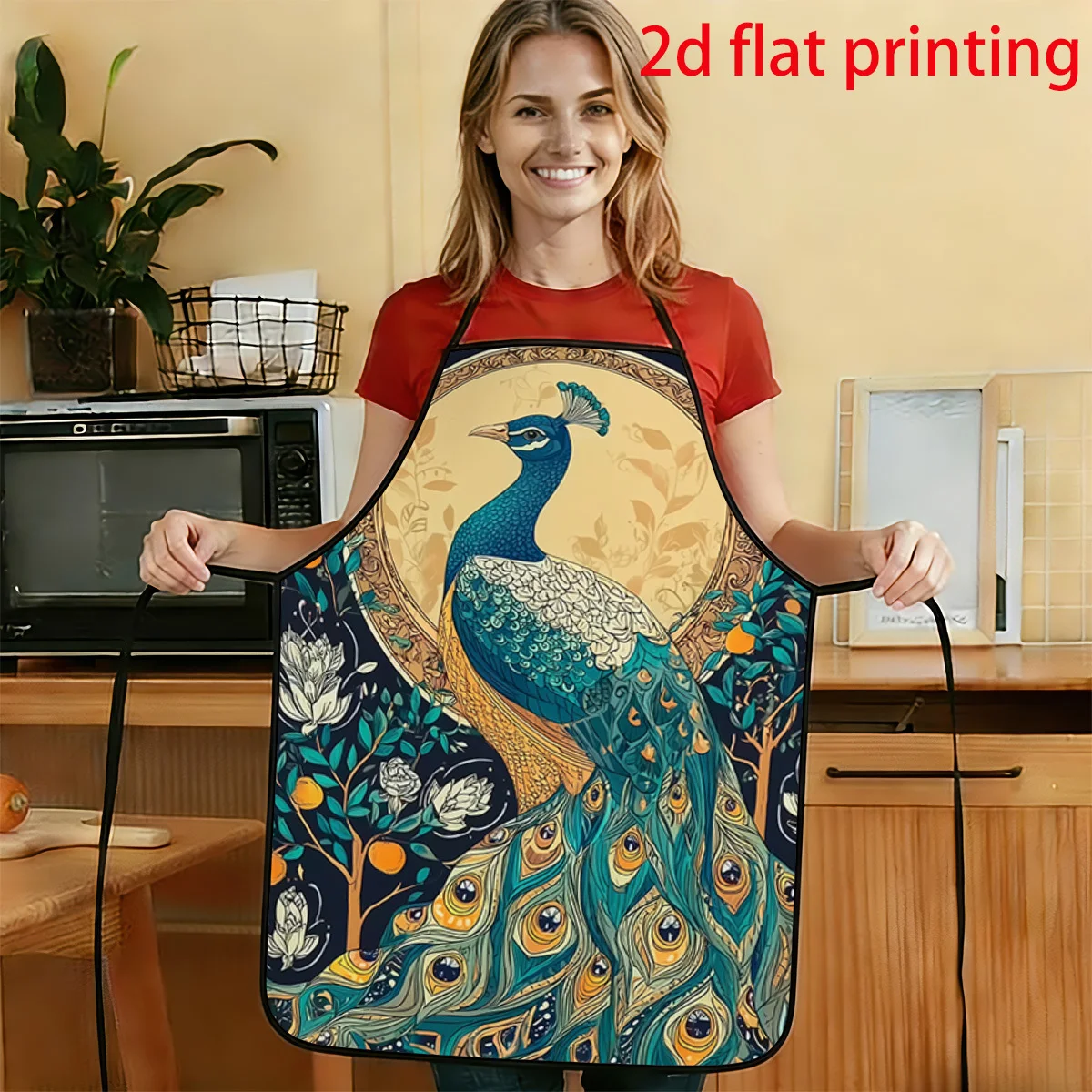1pc 2D Flat Peacock Gorgeous Bloom Print Apron Durable And Easy To Clean Adjustable Waistband Available 50x75cm 68x95cm