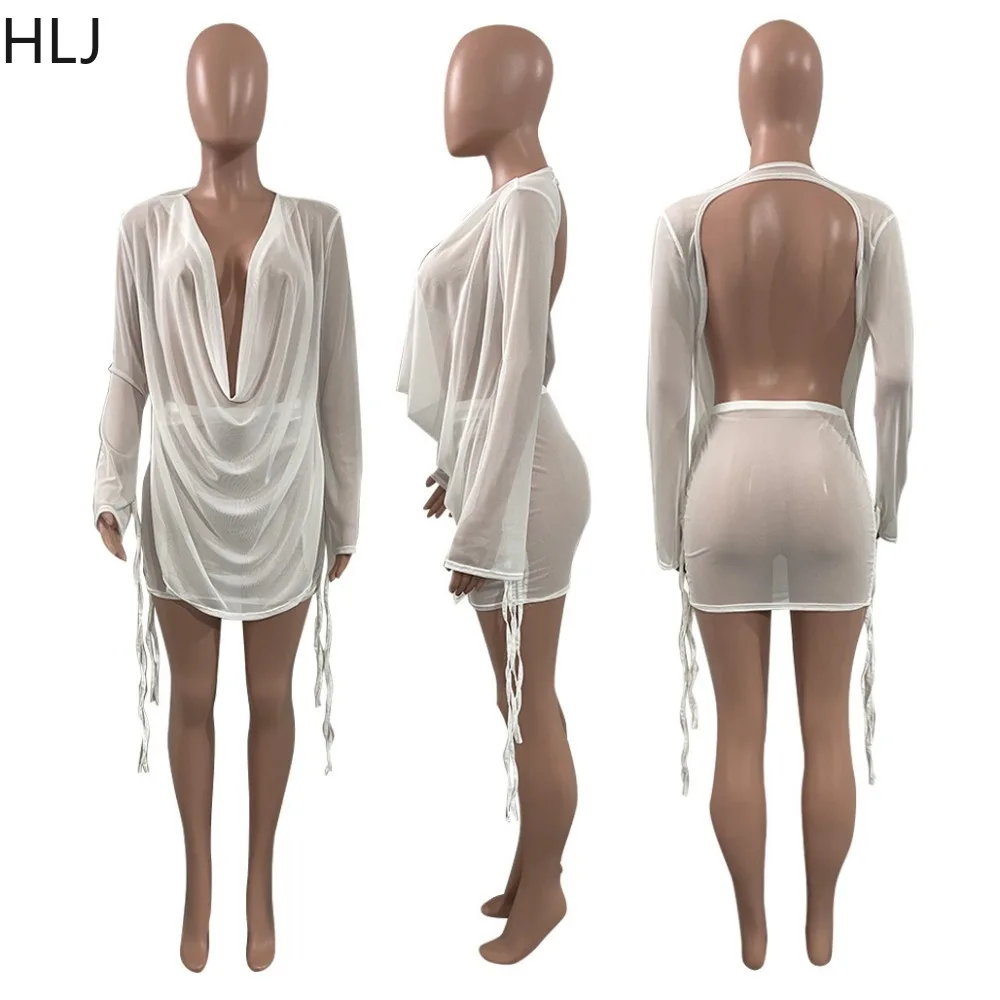 HLJ Fashion Mesh Perspective Bandage Drawstring Two Piece Sets Women Deep V Long Sleeve Backless Tops And Mini Skirts Outfits