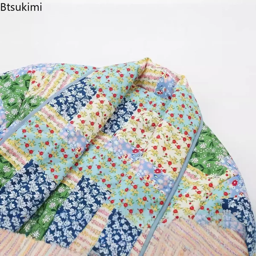 2025 Women's Warm Patchwork Printed Jacket Loose Lapel Pocket Long Sleeves Without Buttons Cotton Coat Winter Female Chic Jacket
