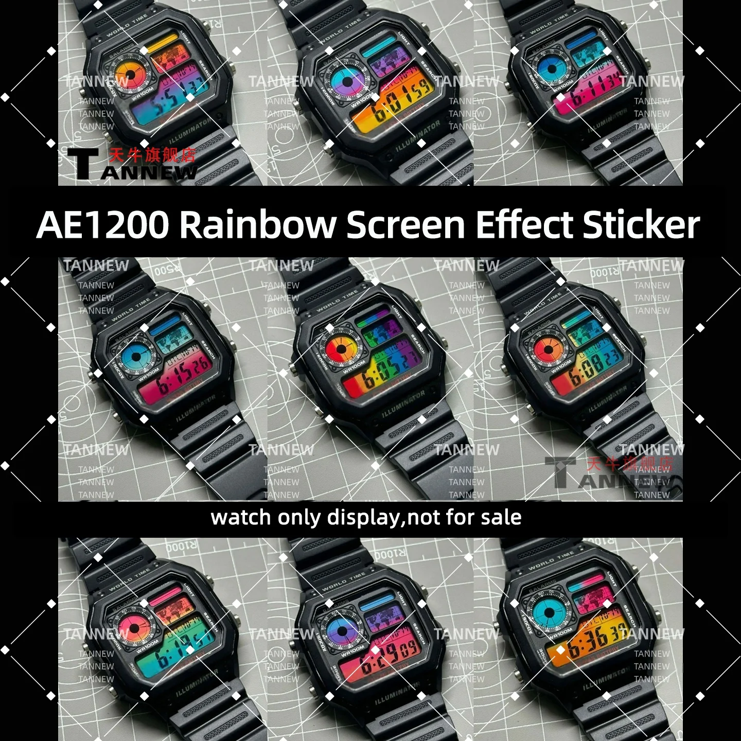 AE1200 Rainbow Screen Mod Film for Casio ae1200 Square Watch Colorful Display Overlay Sticker Easy DIY Installation Upgrade Part