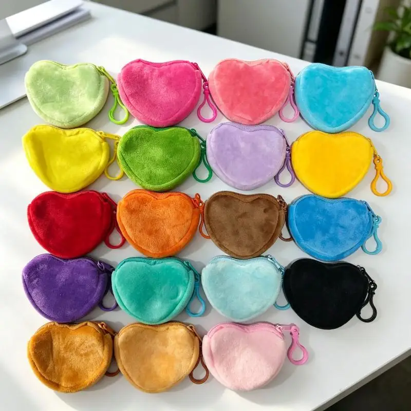 Solid Plush Heart Coin Purse Women's Cute Wallet ID Card Bag Keychain Minimalist Coin Bag Kawaii Wallets For Women Gift