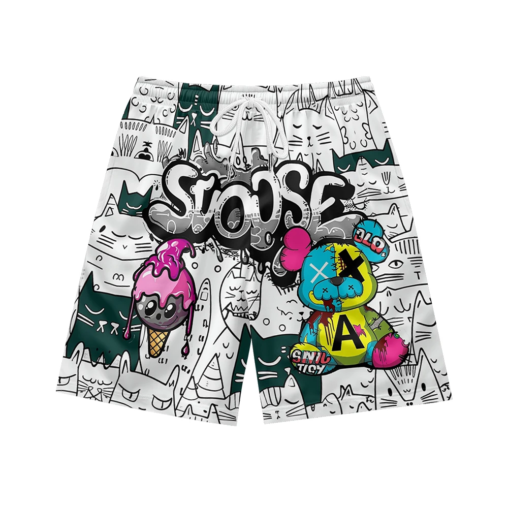 Owl ice cream pattern, suitable for daily wear, casual trend, summer men's drawstring beach sports shorts