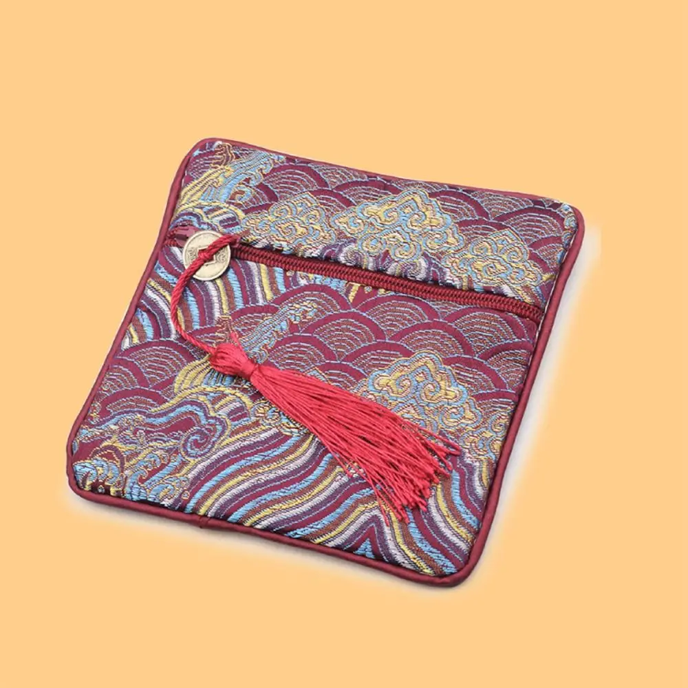 Chinese Style Silk Jewelry Organizer Embroidery Sea Wave Pattern Brocade Pouch Blessing Bag Zipper Bag Jewelry Storage Bag