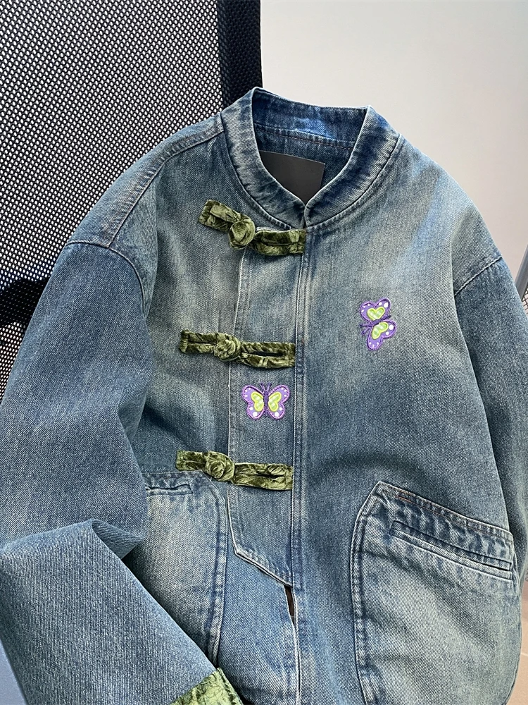 Джинсовое пальто с вышивкой в стиле ретро в китайском стиле и воротником-стойкой на пуговицах для мужчин, весенне-осенняя свободная верхняя одежда