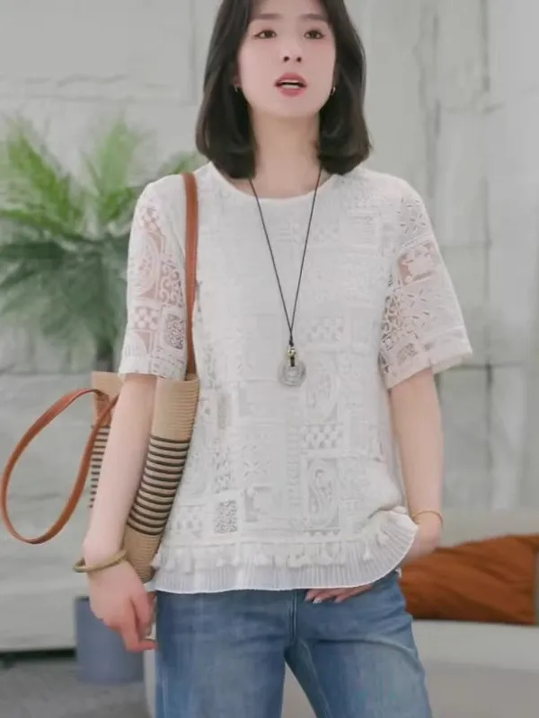 

Женская свободная рубашка с короткими рукавами и круглым вырезом, тонкая, летняя, модная, в корейском стиле, повседневная, удобная, дышащая