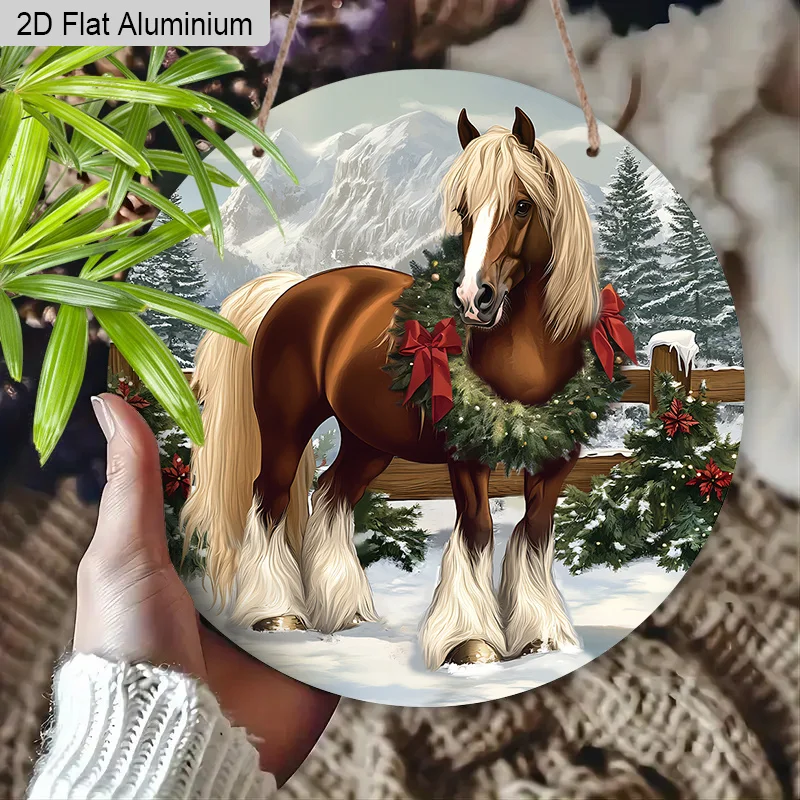 2D Flat, 1pc Classic Aluminum Christmas Horse Wall Decor Sign - 7.8x7.8 Inch Elegant Galloping Horse, Metal Holiday Decoration S
