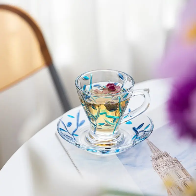 Embossed Painted Glass Cups,High-quality Coffee Cups Plates for Home Use,Tea Cup and Saucer Set with Handle Two-piece Mug Set