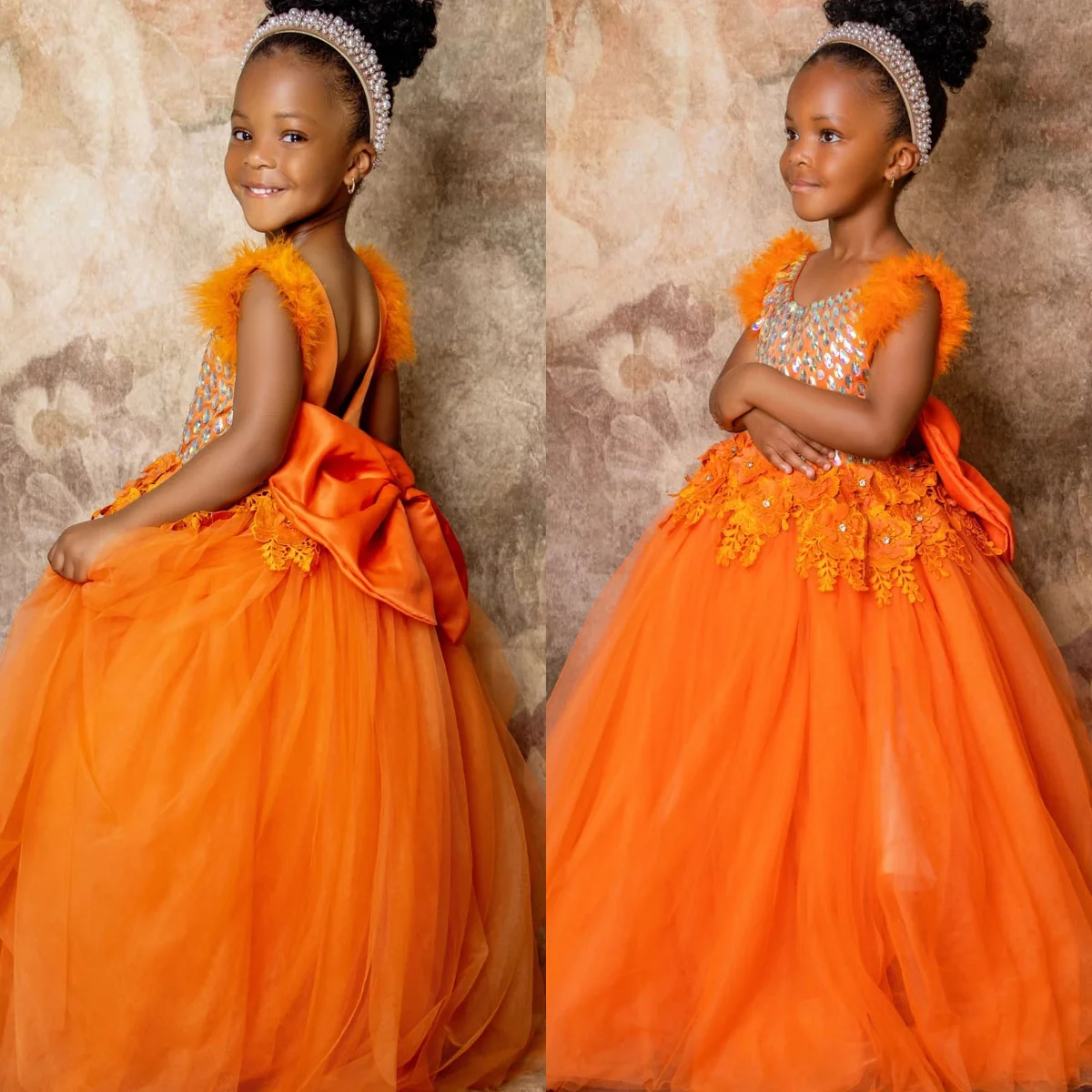 

Orange Lace Girls Birthday Party Dresses Customized Beading Feather Flower Girl Dresses for Wedding Baby Kids Girl Pageant Dress