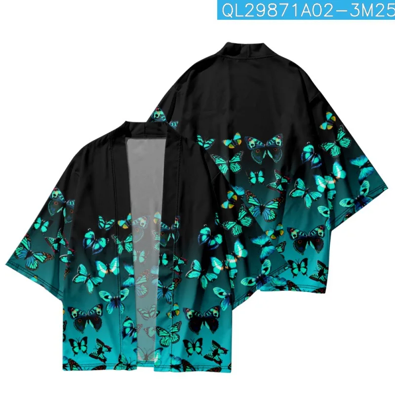 

Color Butterfly Printed Gradient Japanese Women Men Kimono Beach Shorts Harajuku Cardigan Casual Loose Streetwear Yukata