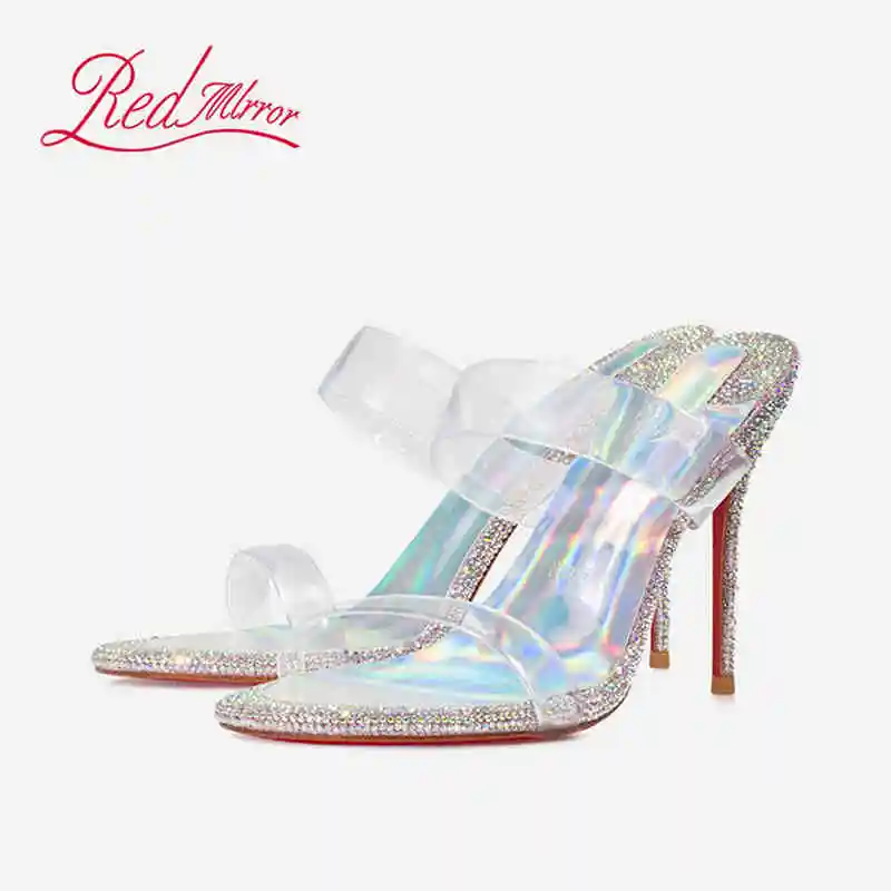 Transparent PVC Rhinestone Women's sandals Red Shiny Bottoms heeled sandals trend 2024 High-heeled slippers Luxury party women