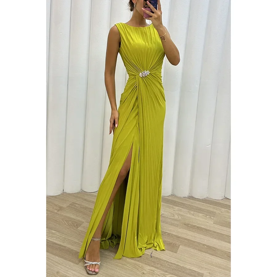 

2025 Women Sexy Dress New Sleeveless Solid Party Slim Empire Split Female Elegant Round Neck Fashion Long Clothing