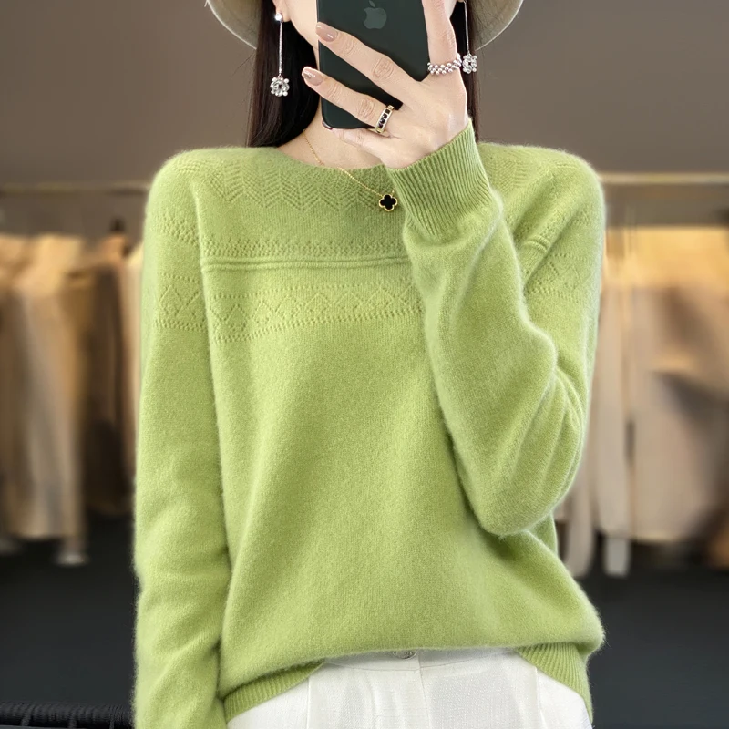 

New autumn and winter 100% Merino pure wool sweater women's round neck knitted long-sleeved solid color hollow sweater