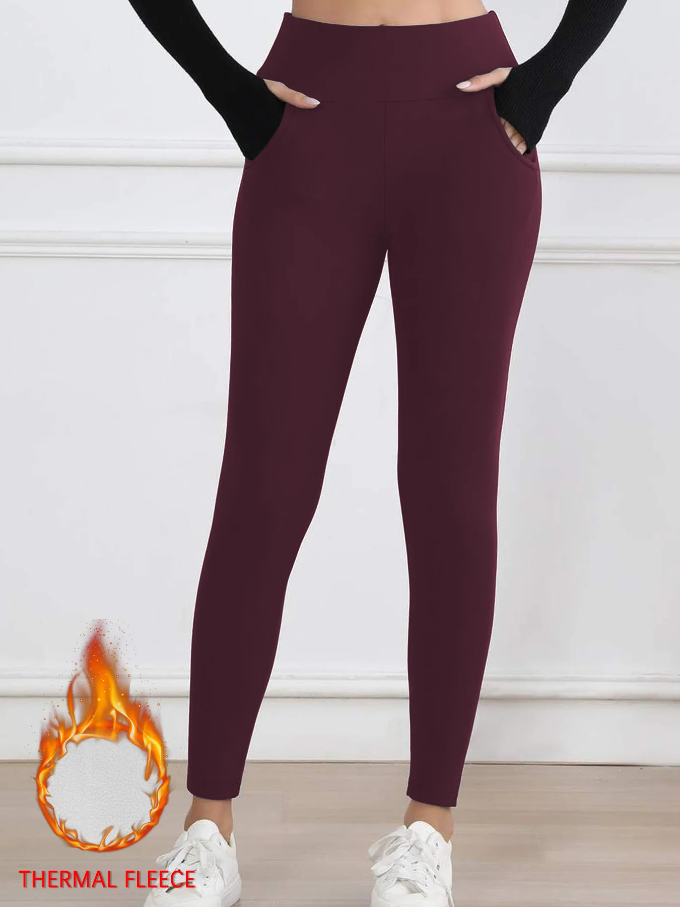 سراويل شتوية حرارية عالية الخصر مع جيوب للنساء مع نسيج سميك ناعم للتحكم في البطن