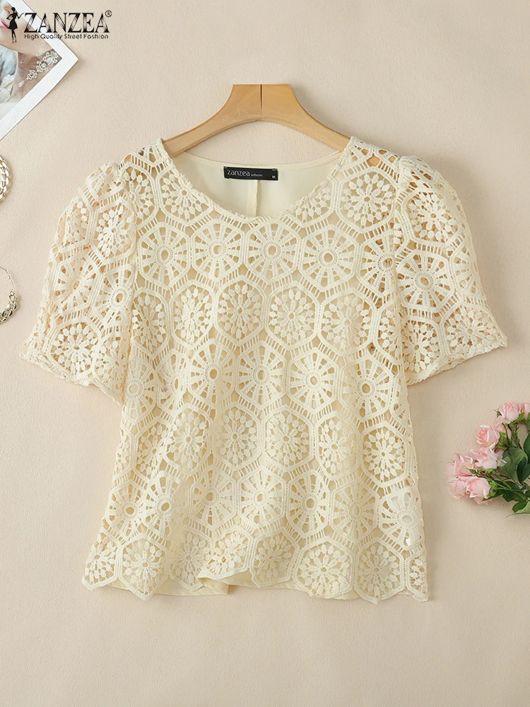 

Women Bohemain Short Sleeve Holiday Shirt ZANZEA Summer Embroidery Blouse Casual Beach Tops Elegant O Neck Loose Work Blusas