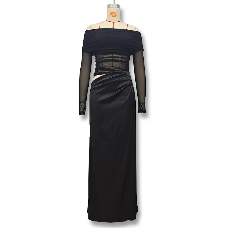 ซาตินเซ็กซี่ Hollow Out ผู้หญิง Maxi ชุดแขนกุดสีดําเอวสูงชุดหญิงฤดูใบไม้ร่วงผอม Elegant Party Clubwear แขนยาว