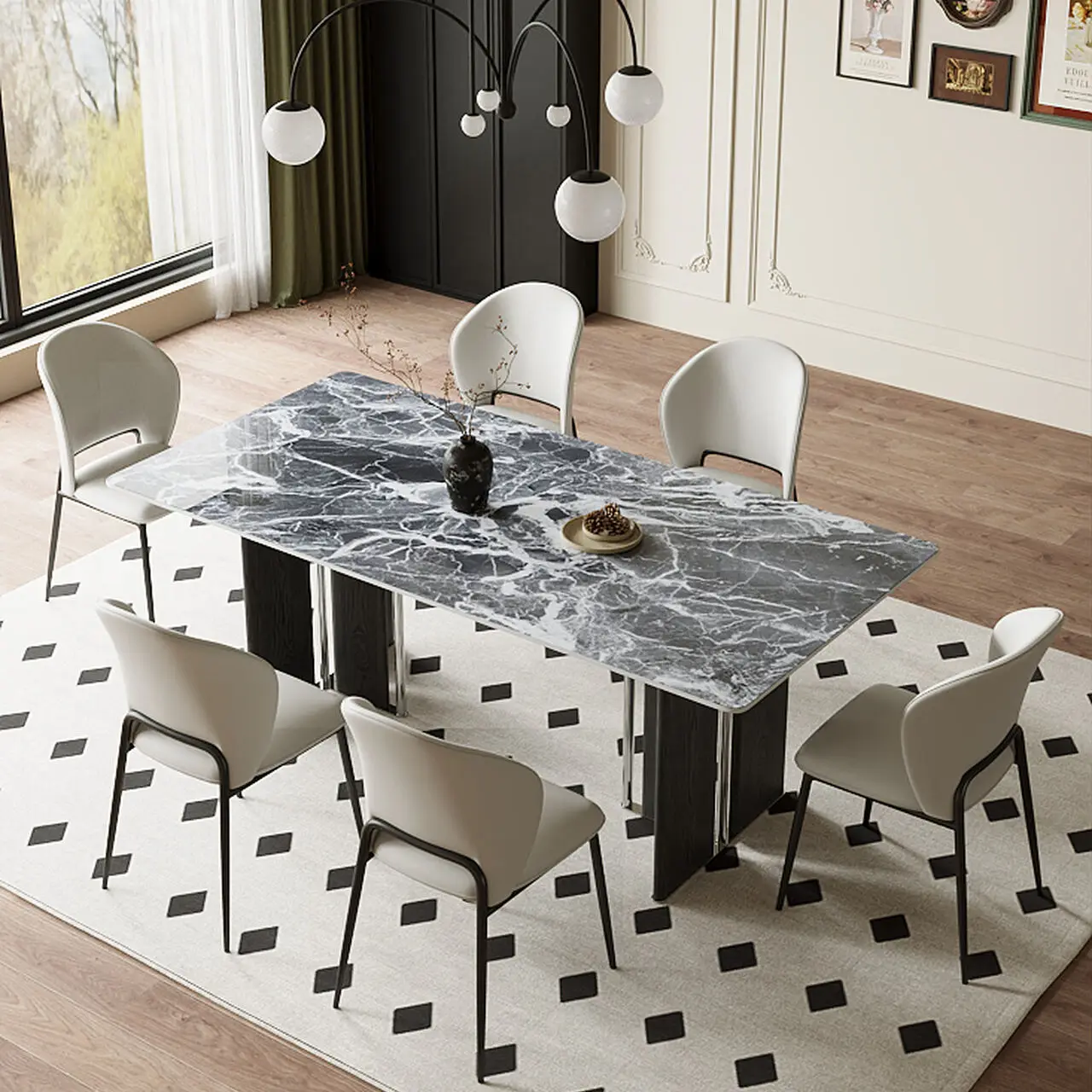 #Modern Minimalist 6-Seater Dining Table Luxury Kitchen Dining Set Featuring Thickened Marble Premium Stone Craftsmanship