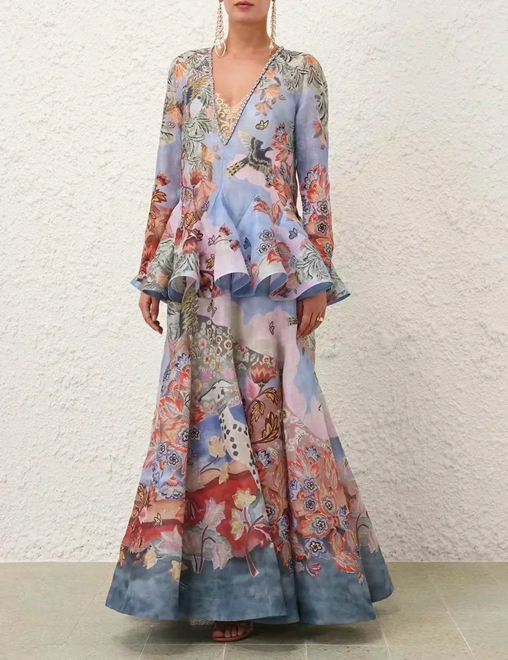 2024 New Hot Autumn Blue Floral Print Ruffles V Neck Pleat Ruched Long Sleeve Maxi Dress for Women