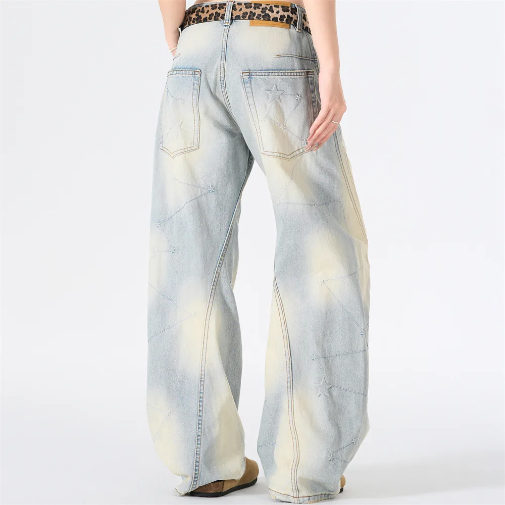 MWJLPWQ Embroidered Distressed Jeans For Men Punk Retro Gradient Wash Frayed Unique Design Hiphop Loose Wide-Leg Pants 17426
