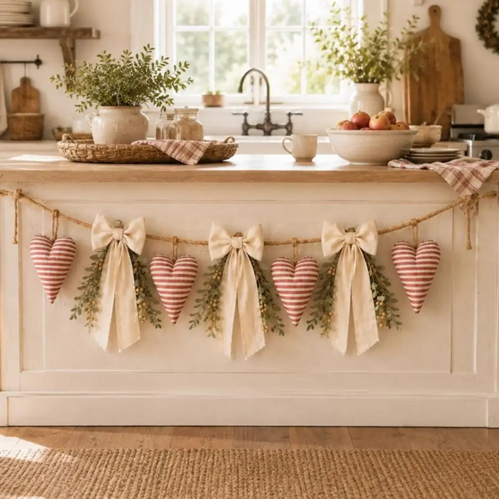 Pastoral Style Ornaments Striped Fabric Heart Bow Garland Jute Rope Bunting Banner Farmhouse Rustic Wall Hanging Decor for Home